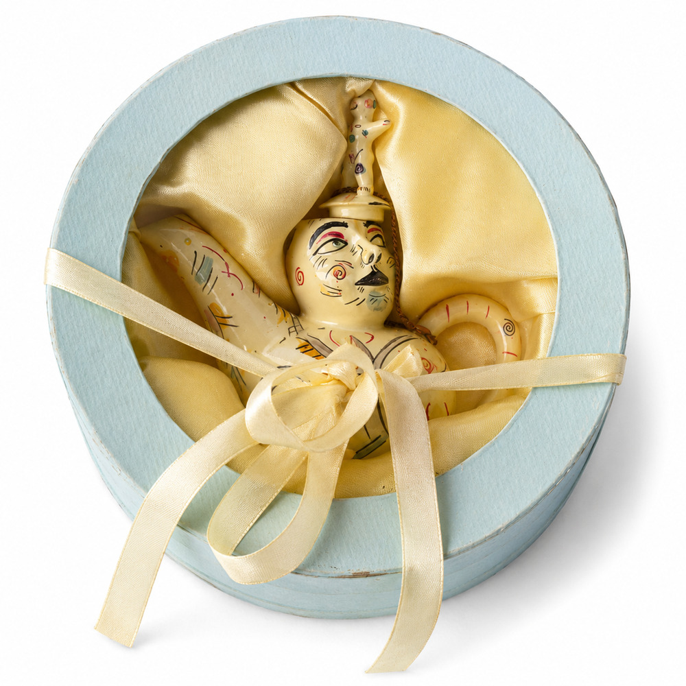 Vintage Hand Painted Ceramic Genie Figurine in Round Satin Lined Gift Box